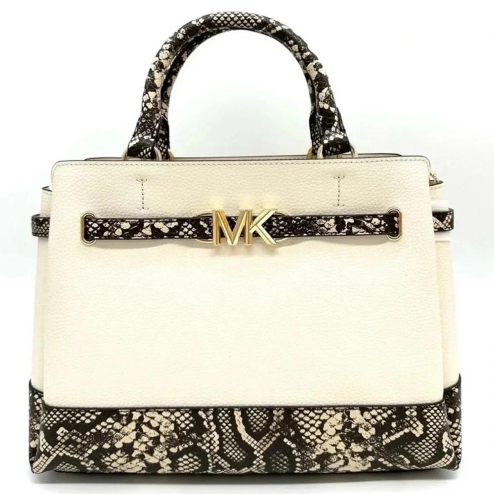 Michael Kors Large Reed Leather Belted Satchel Crossbody Bag Cream Snakeskin